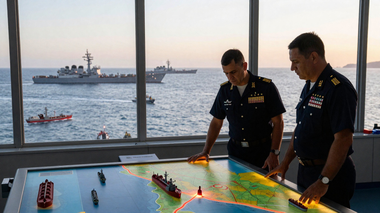 Dois oficiais navais analisam uma mesa táctica com mapas e modelos de navios, com o mar e navios ao fundo.