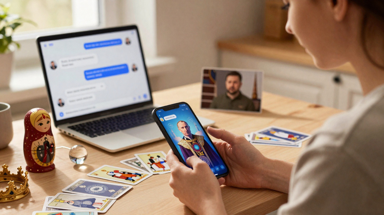 Pessoa a consultar previsões de tarô no telemóvel, com cartas, matrioska e computador ao fundo numa mesa de madeira.