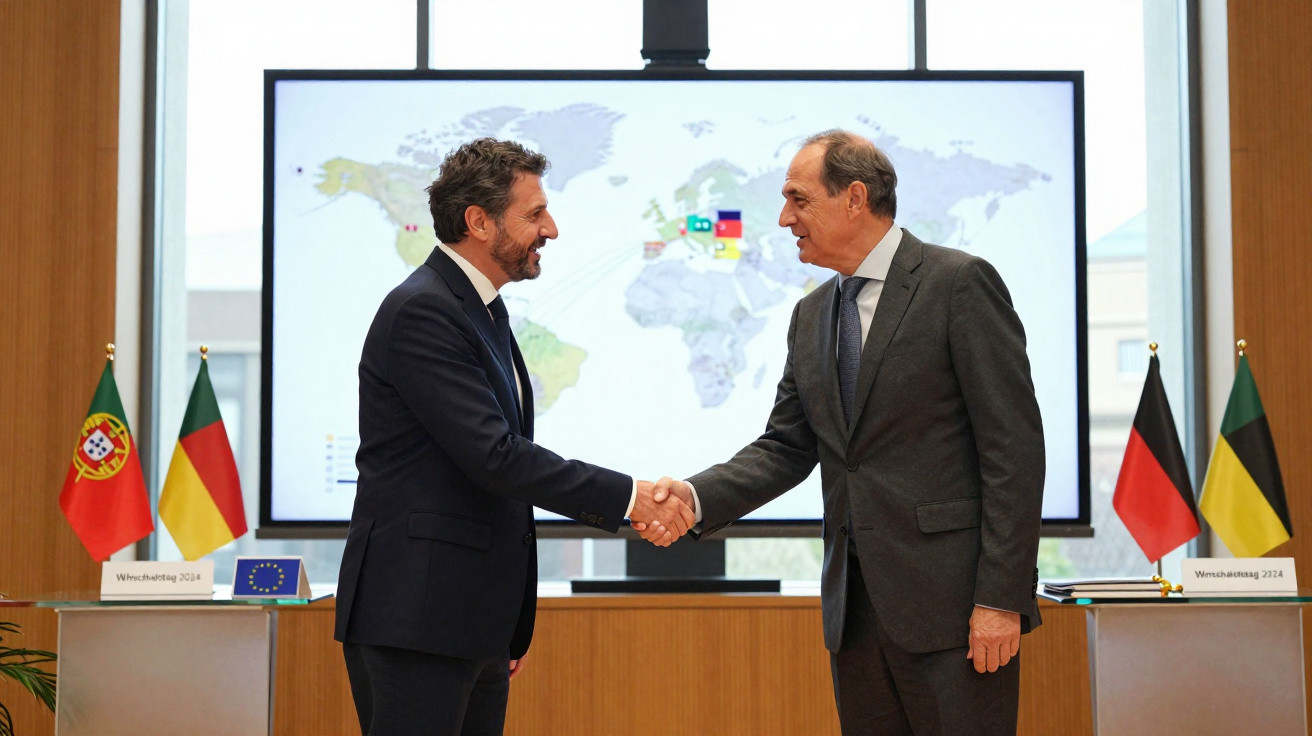Dois homens de fato apertam as mãos frente a um ecrã com mapa mundial, com bandeiras de Portugal, Alemanha e União Europeia.