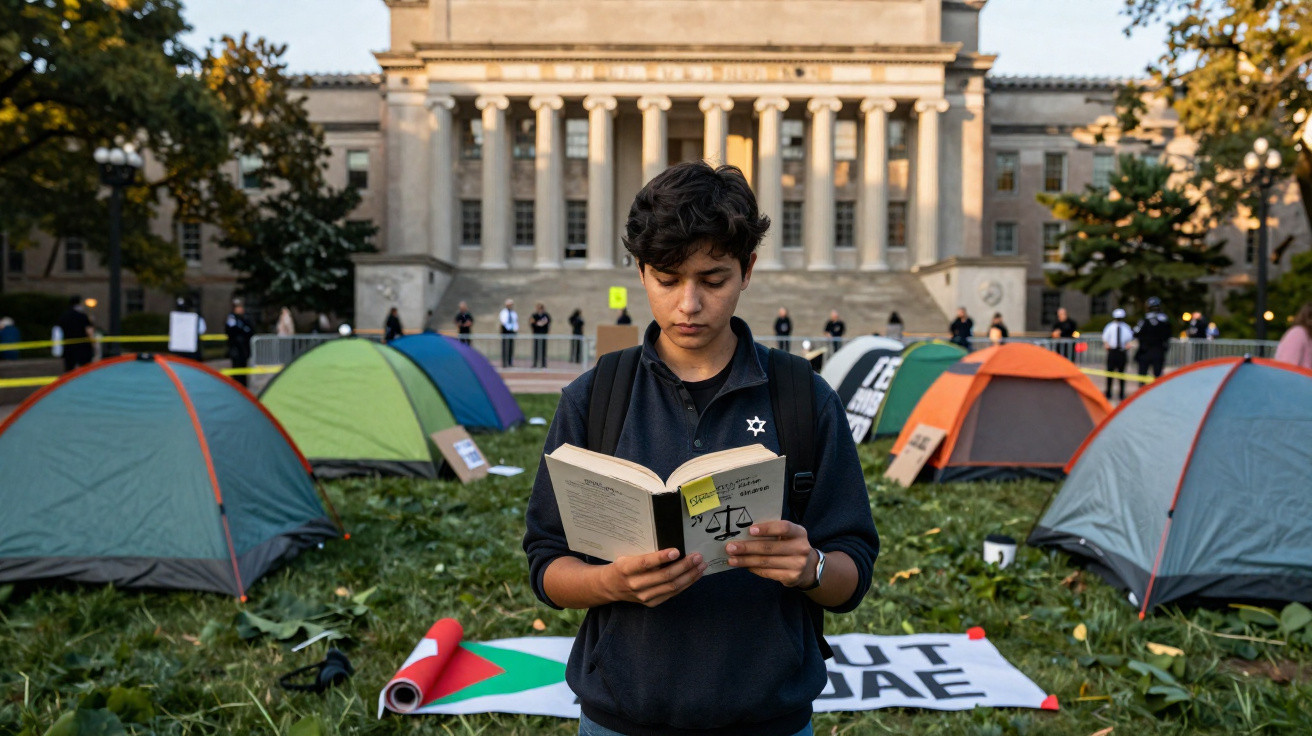 Jovem lê livro num acampamento em protesto com tendas e faixa contra o apartheid à frente de edifício público.
