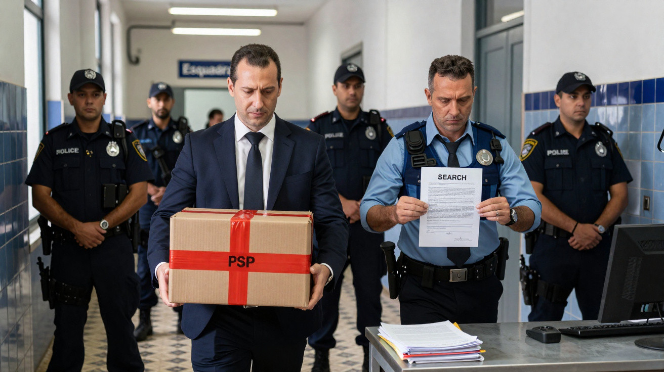 Agente da polícia e homem de fato carregam caixas numa investigação, com outros polícias ao fundo num corredor.