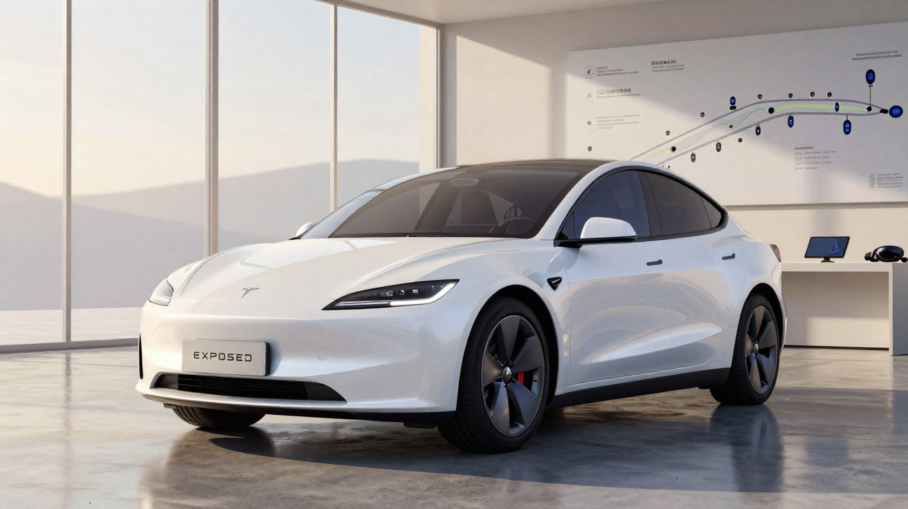 Carro elétrico Tesla Model S branco estacionado em interior moderno com grandes janelas e luz natural.