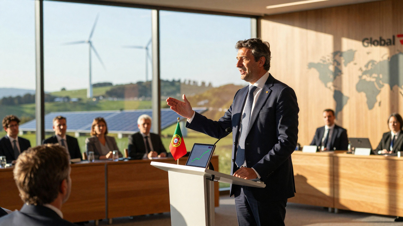 Homem em fato azul apresenta gráfico num púlpito com bandeira de Portugal em reunião com painel executivo.