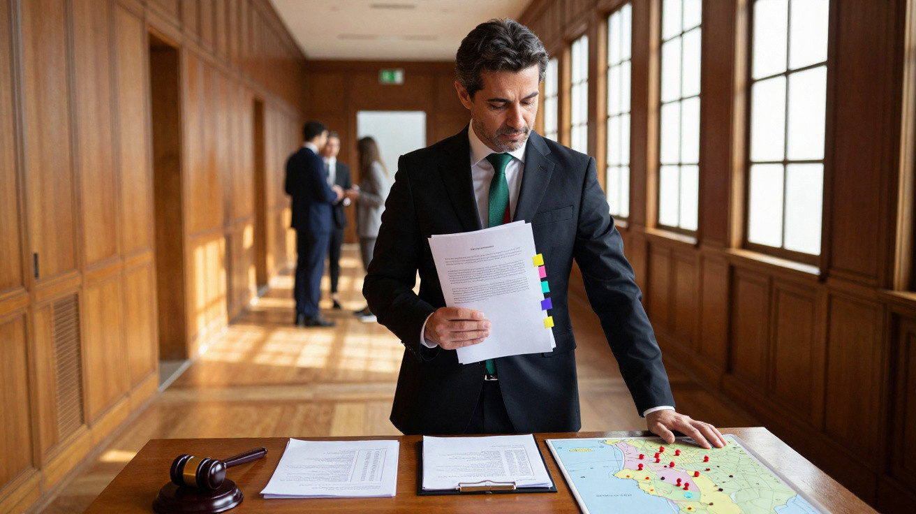 Homem de fato a analisar documentos e mapa com marcadores vermelhos numa sala com painéis de madeira e grande janela.