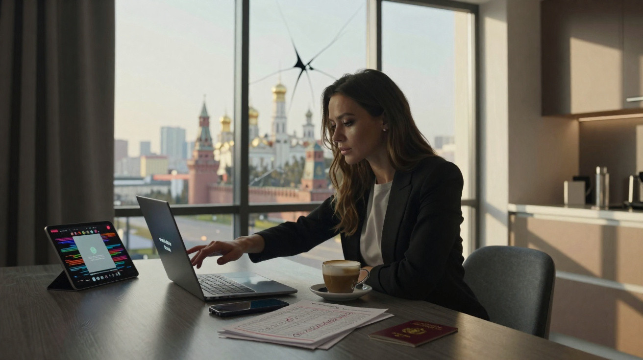 Mulher trabalha em laptop numa mesa com documentos, tablet e café, janela com vista para edifícios históricos ao fundo.