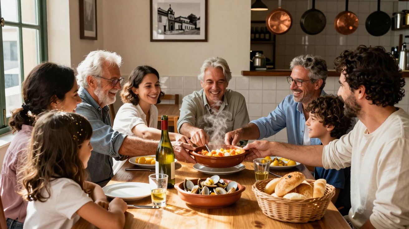 Família multigeracional alegre a partilhar uma refeição caseira à volta da mesa de madeira.