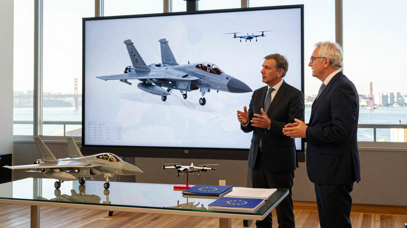 Dois homens de fato frente a ecrã gigante com imagem de uma aeronave militar e drones e modelos no vidro.