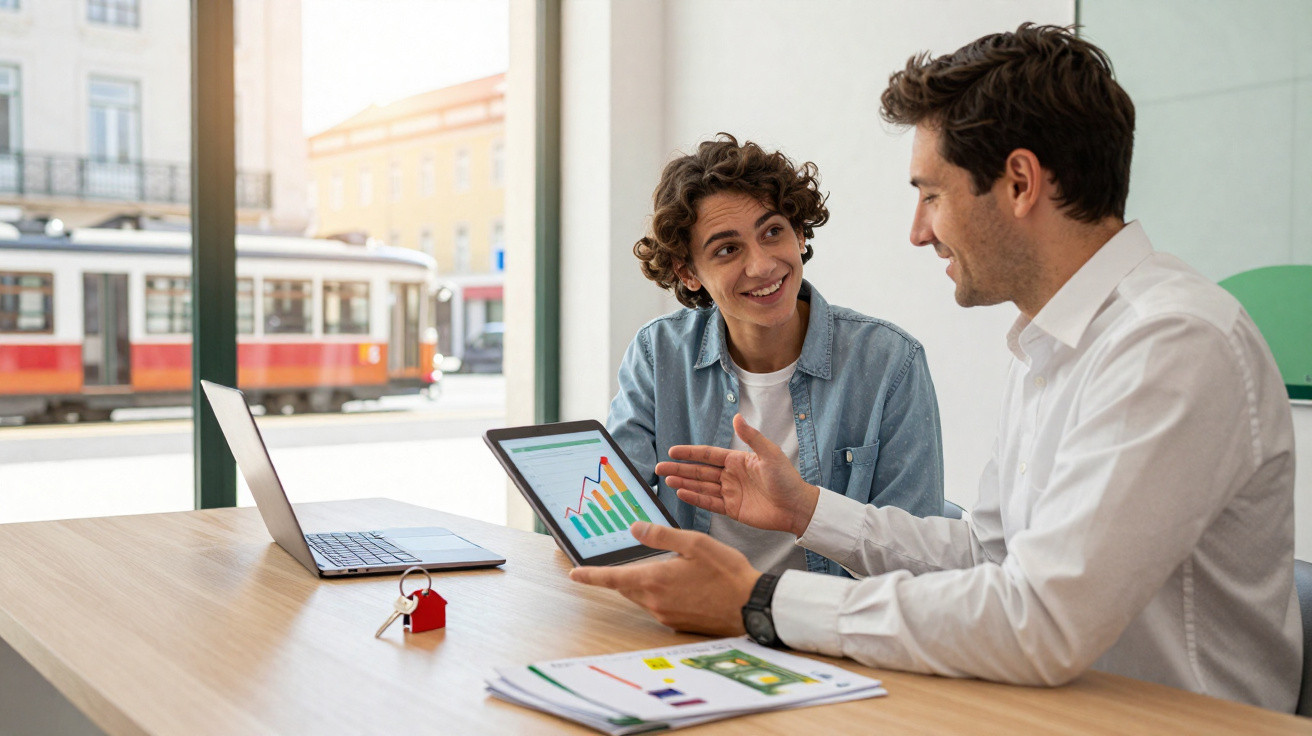 Dois homens em conversa num escritório com gráficos num tablet e computadores à mesa, com um elétrico ao fundo.