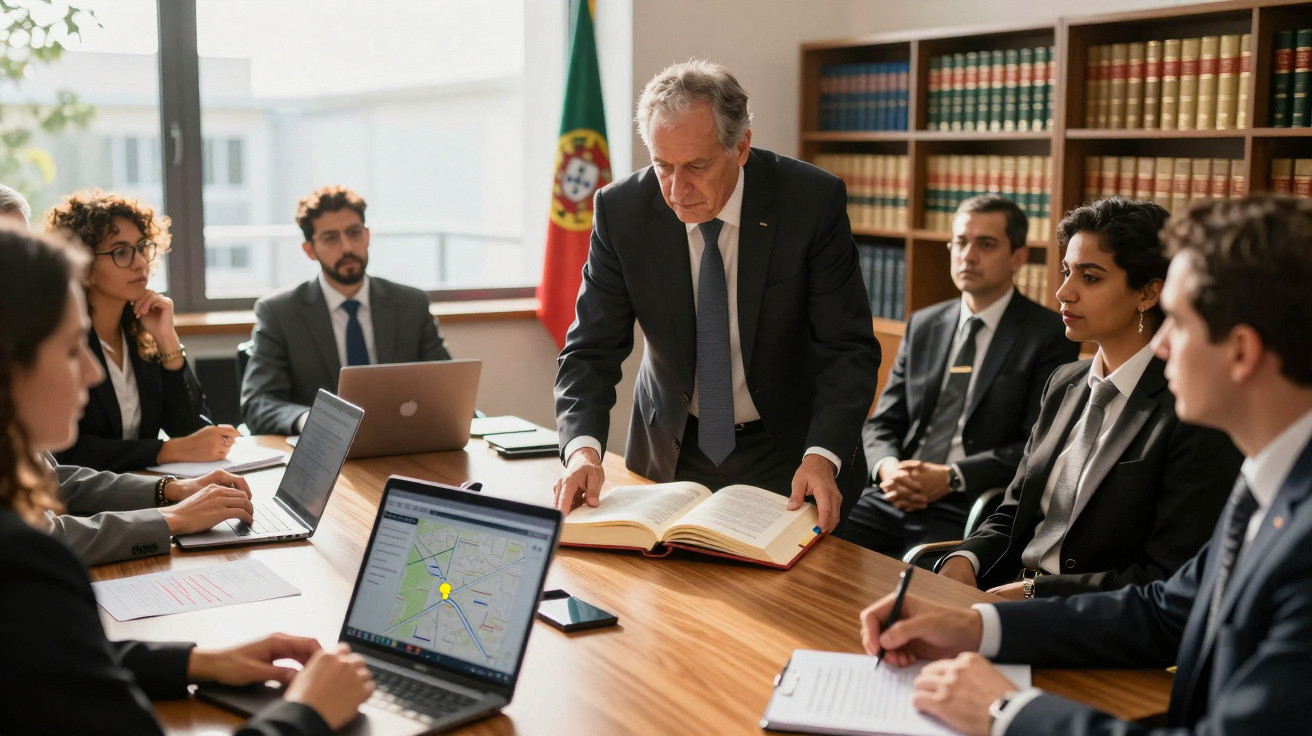 Reunião de advogados numa sala com um livro aberto, computadores e a bandeira de Portugal ao fundo.