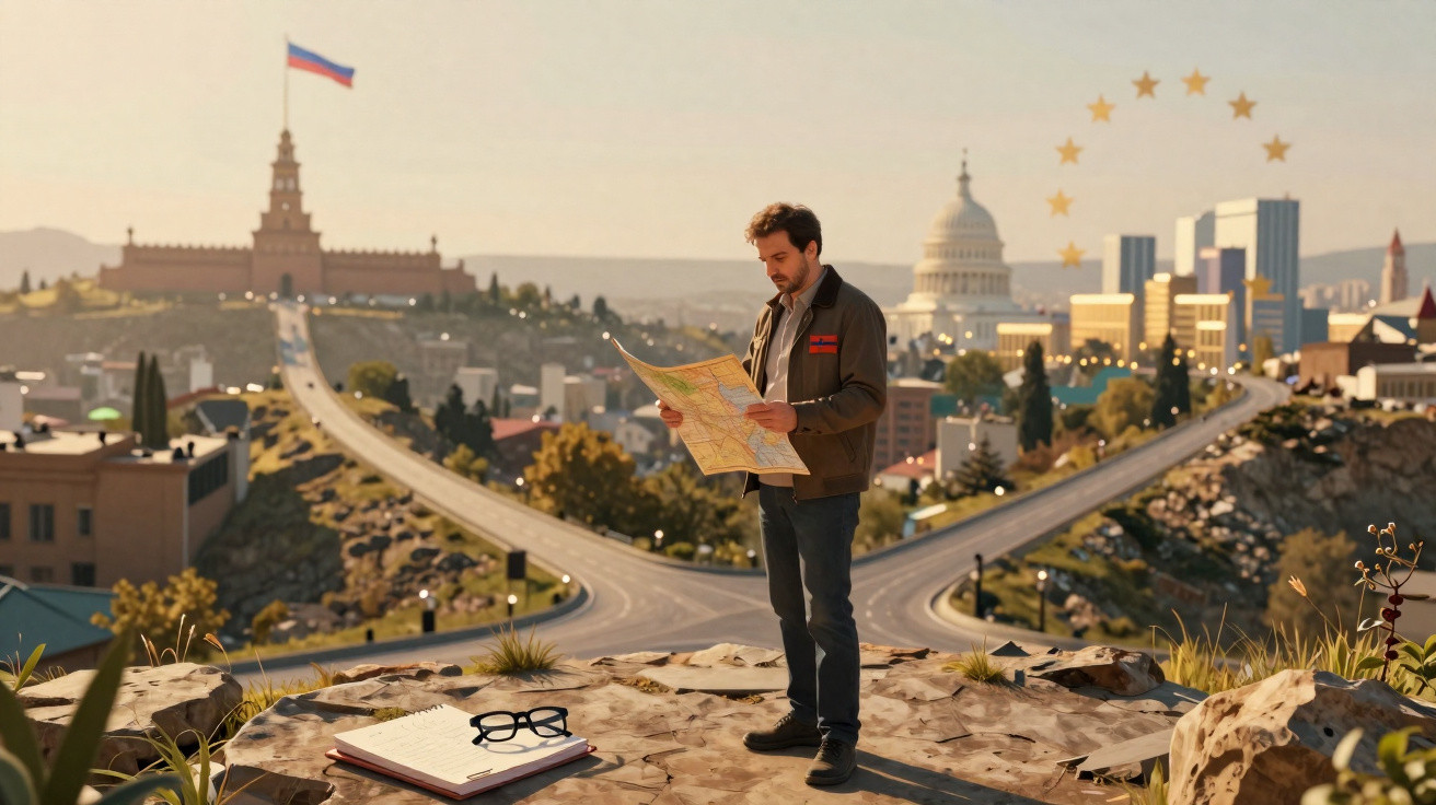 Homem com mapa entre duas cidades simbolizando Kremlin e Capitol dos EUA, com as bandeiras da Rússia e UE ao fundo.