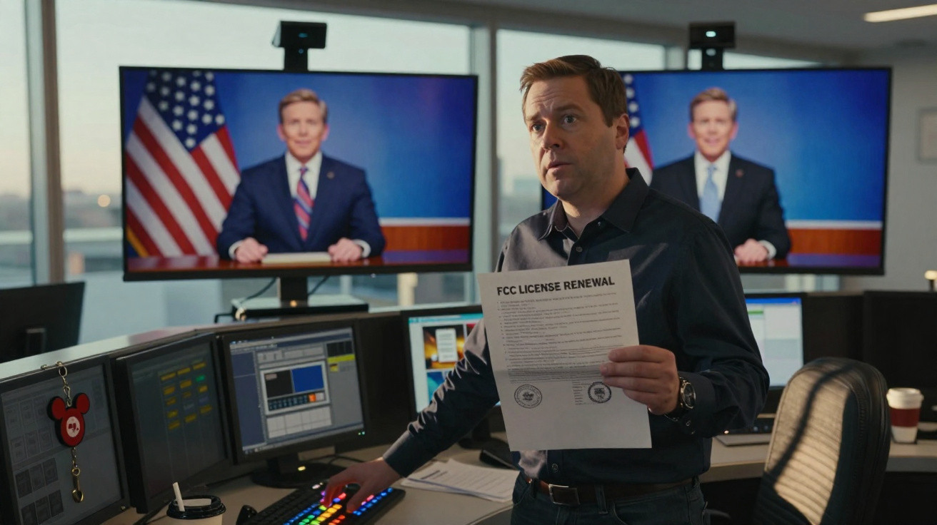 Homem segura documento "FCC License Renewal" numa sala de controlo com monitores e imagem de político na televisão.