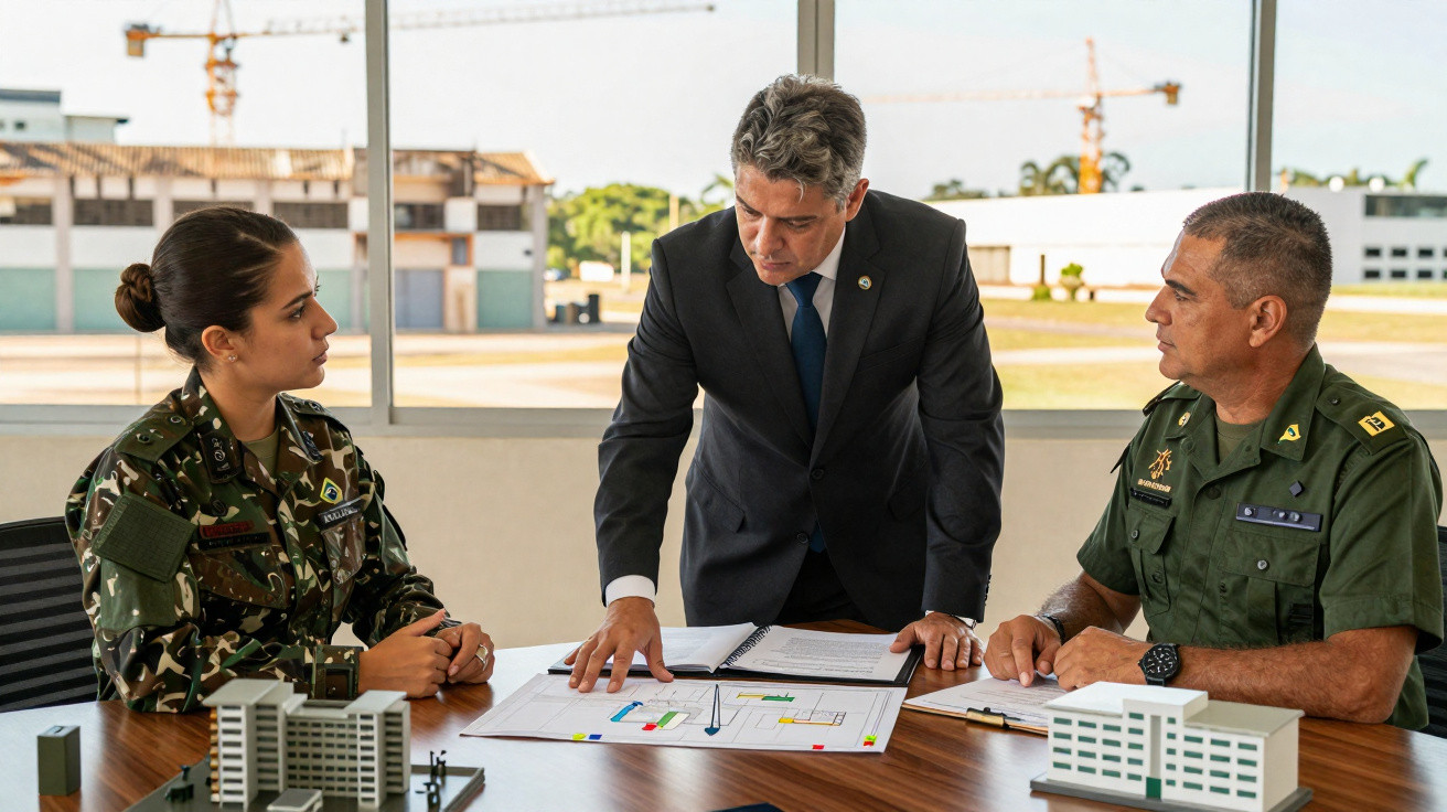 Três profissionais em reunião, dois em uniforme militar e um em fato escuro, analisam planta numa mesa com maquetes.
