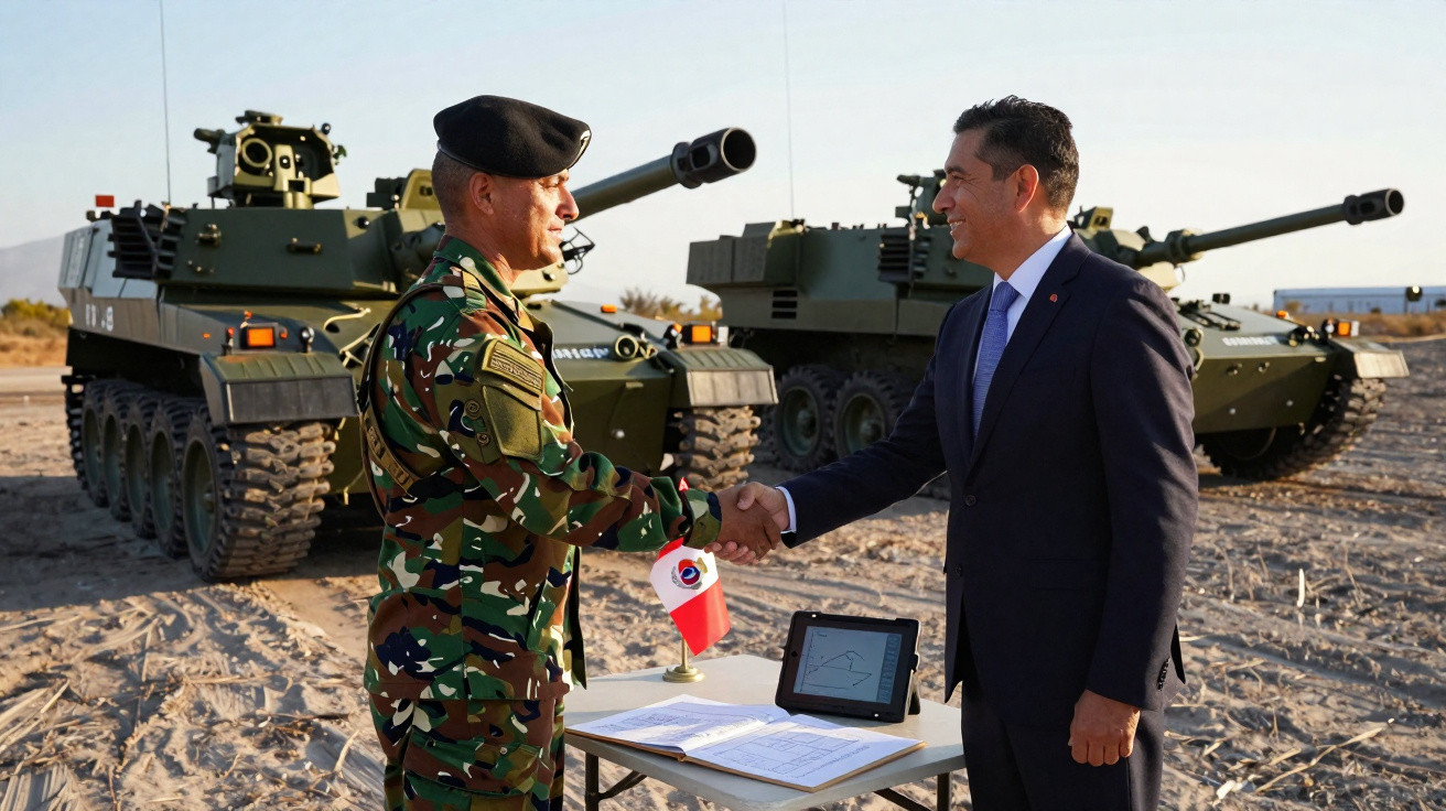 Militar e oficial civil apertam as mãos em frente a veículos blindados num terreno arenoso.