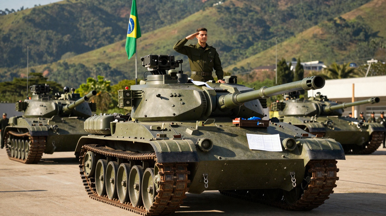 Soldado brasileiro a cumprimentar em cima de um tanque de guerra verde durante desfile militar.