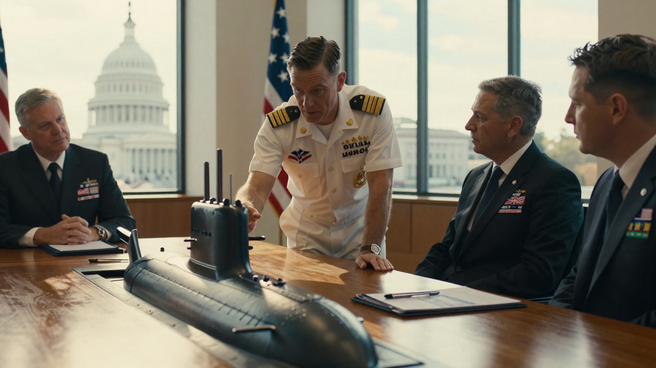 Quatro oficiais militares discutem modelo de submarino numa sala com vista para o Capitólio dos EUA.