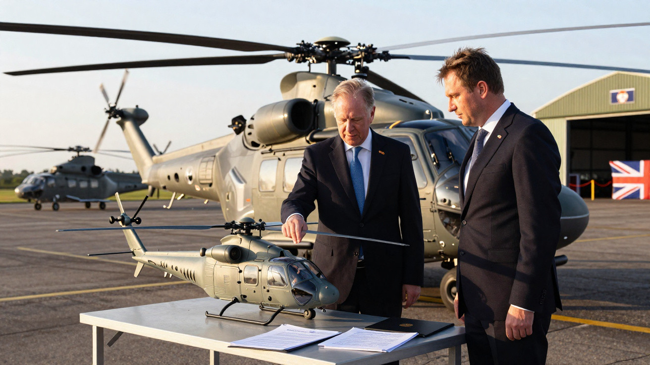 Dois homens de fato junto a um modelo de helicóptero pousado numa mesa, com helis reais ao fundo em pista.