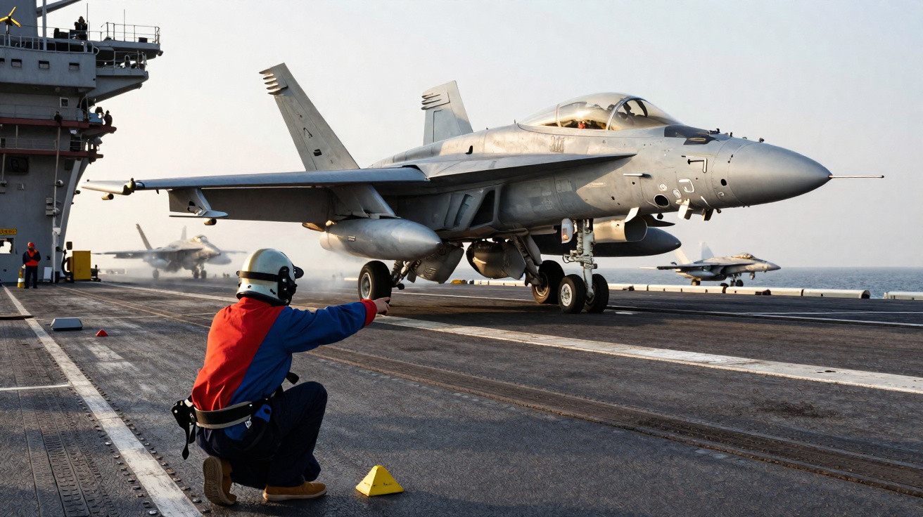 Caça F/A-18 a taxiar numa porta-aviões com marinheiro a sinalizar na pista.