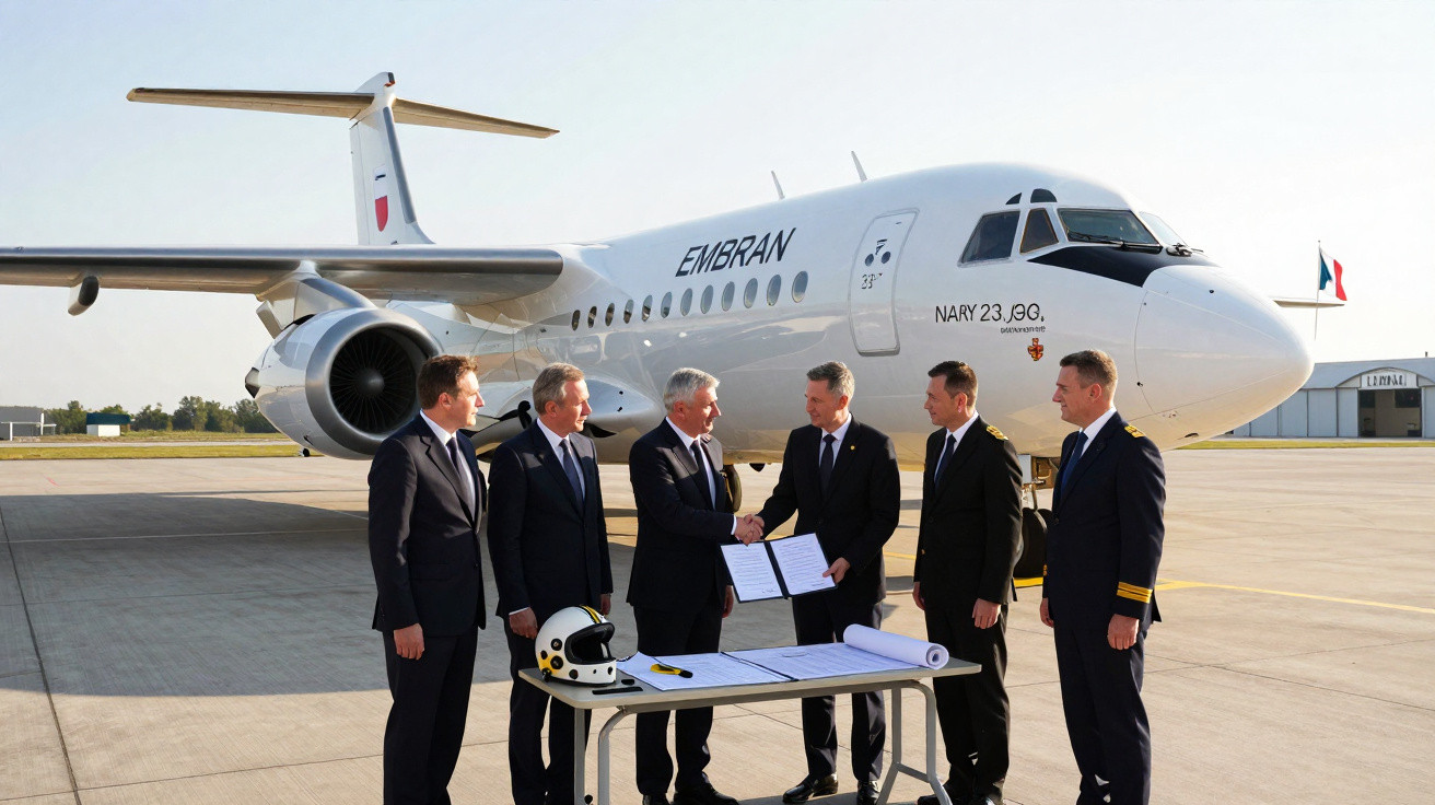 Seis homens em trajes formais posam junto a um avião Embraer num aeroporto, com documentos numa mesa à frente.