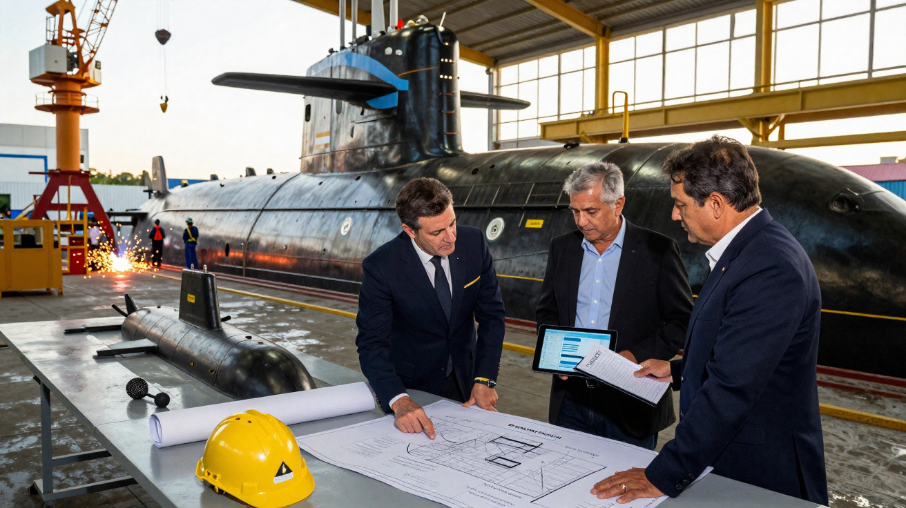 Três homens em fato analisam plantas junto a mesa com capacete amarelo, mini submarino e submarino na fábrica.