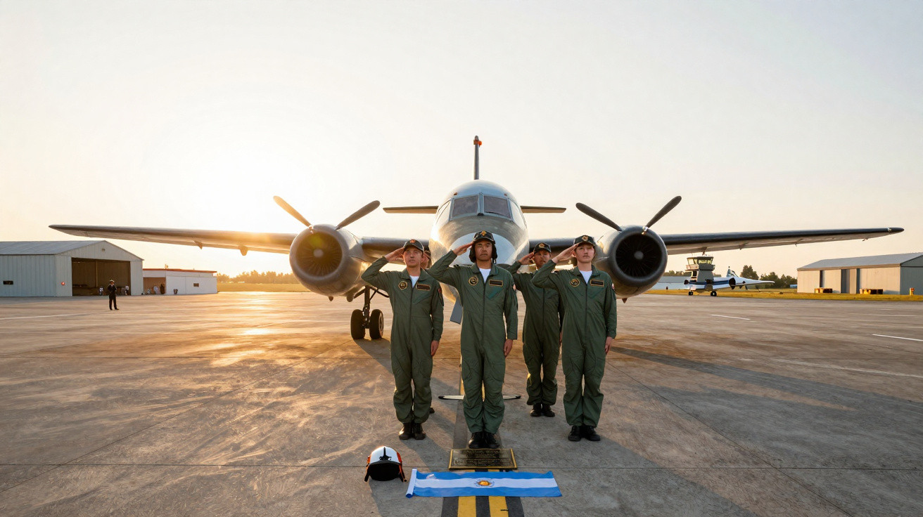 Quatro pilotos militares em uniforme verde fazem continência diante de avião estacionado em pista ao pôr do sol.