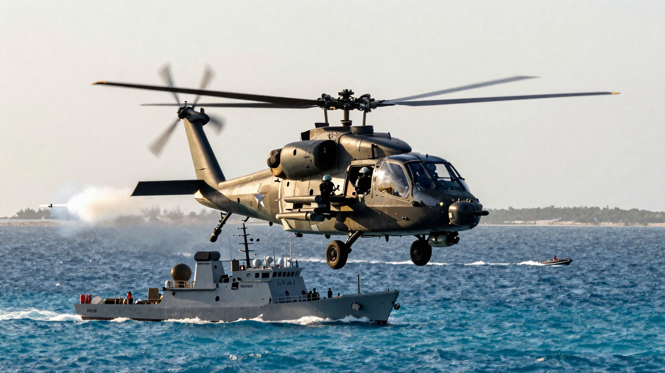 Helicóptero militar voando baixo sobre o mar com embarcação naval e um bote ao fundo.