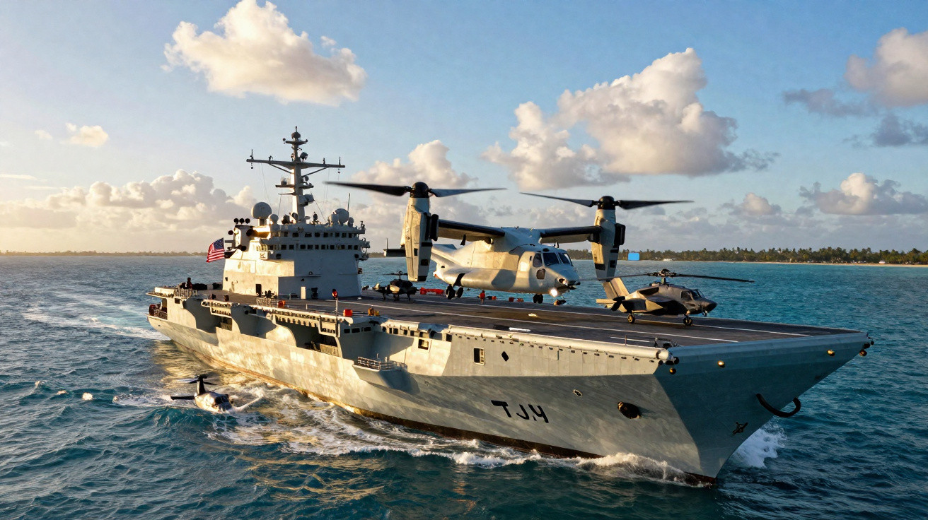 Porta-aviões militar cinzento com dois helicópteros e um comboio a navegar no mar calmo ao pôr do sol.