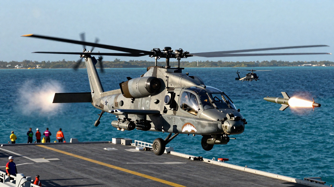 Helicóptero militar em voo baixo lança míssil sobre o mar com pessoas a observar numa plataforma naval.