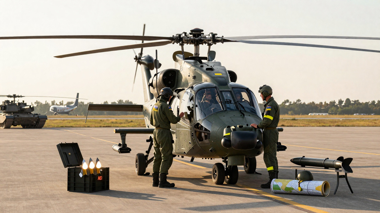 Helicóptero militar com dois soldados ao lado e equipamentos militares no chão em pista de aeroporto.