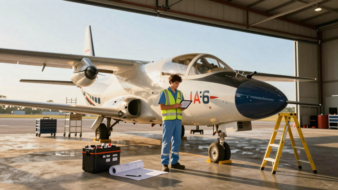 Técnico de aviação com colete refletor inspeciona avião pequeno num hangar com ferramentas ao redor.