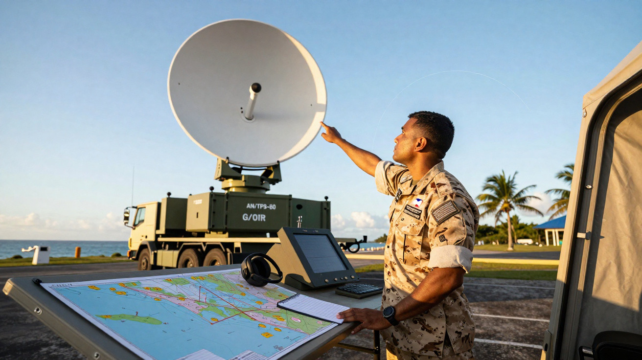 Militar em uniforme camuflado ajusta antena parabólica, com mapa e equipamento eletrônico em ambiente exterior.