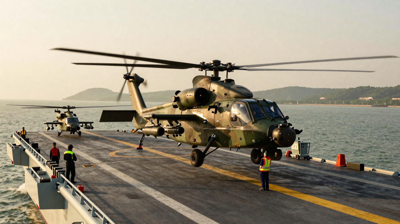 Helicópteros militares em camuflagem estacionados num navio porta-helicópteros no mar ao pôr do sol.
