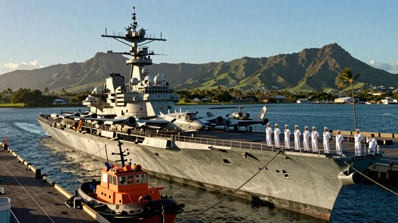 Porta-aviões militar atracado com marinha em uniforme branco em disposição, montanhas ao fundo e barco de reboque na frente.