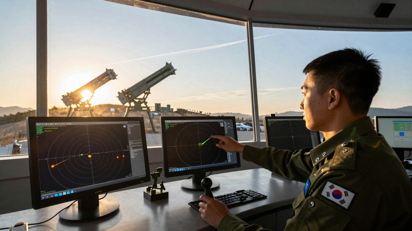 Soldado sul-coreano numa estação de radar a operar monitores com gráficos de rastreamento ao pôr do sol.