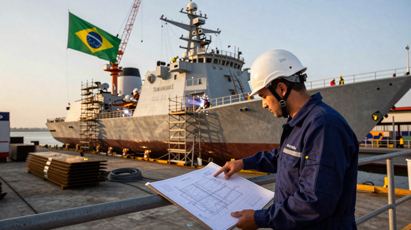 Trabalhador com capacete a analisar plantas num cais com navio militar brasileiro ao fundo ao pôr do sol.
