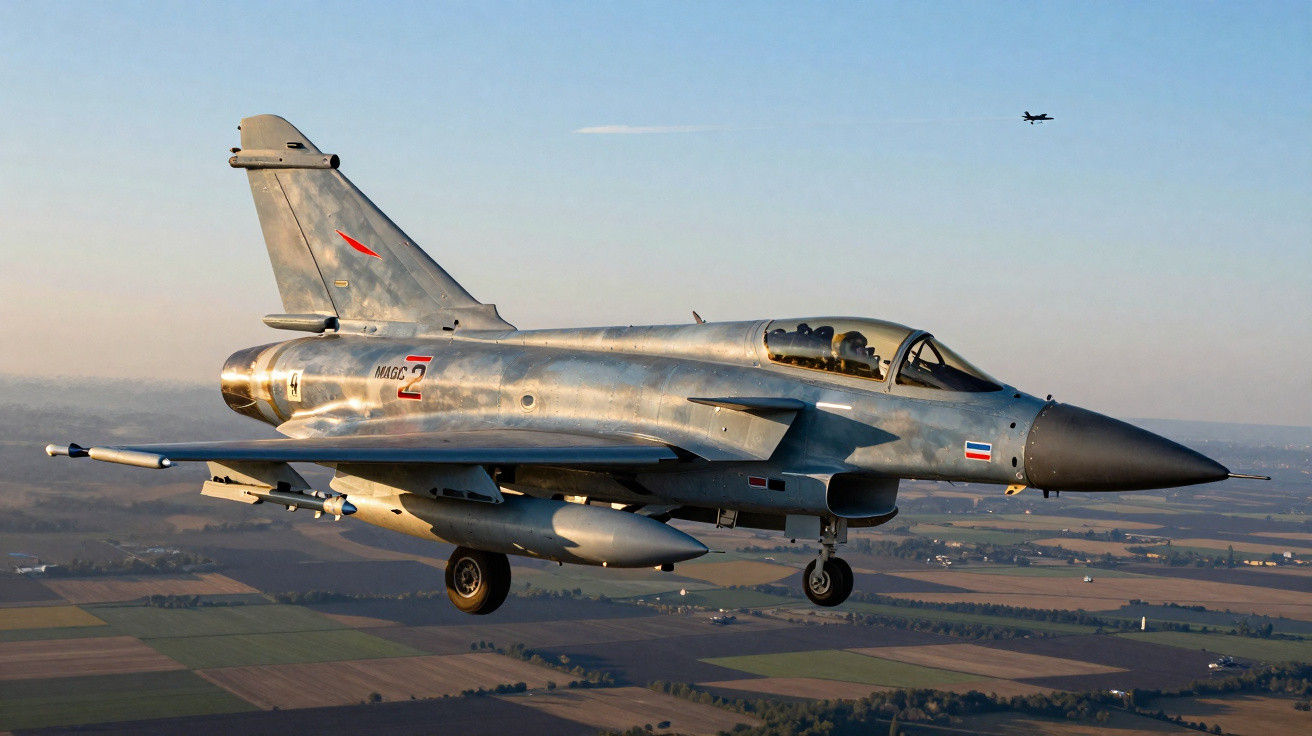 Caça militar cinza prateado em voo sobre campos agrícolas ao pôr do sol com outro avião ao longe.