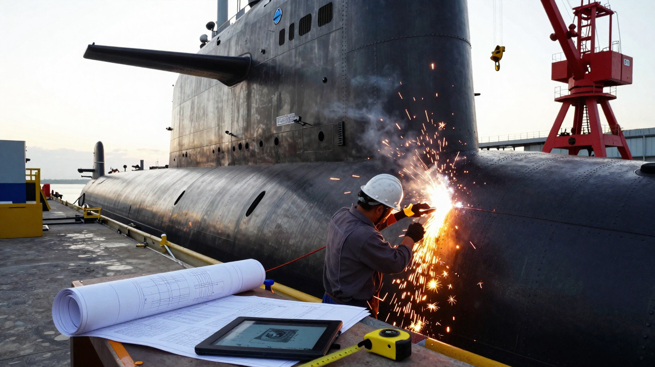 Trabalhador a soldar um submarino numa doca, com plantas e ferramentas de engenharia numa mesa próxima.