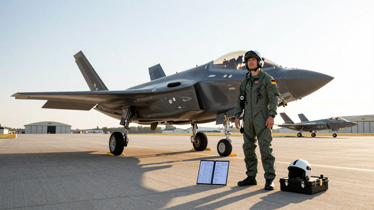 Piloto militar em fato verde posa ao lado de caça furtivo estacionado numa base aérea ao pôr do sol.