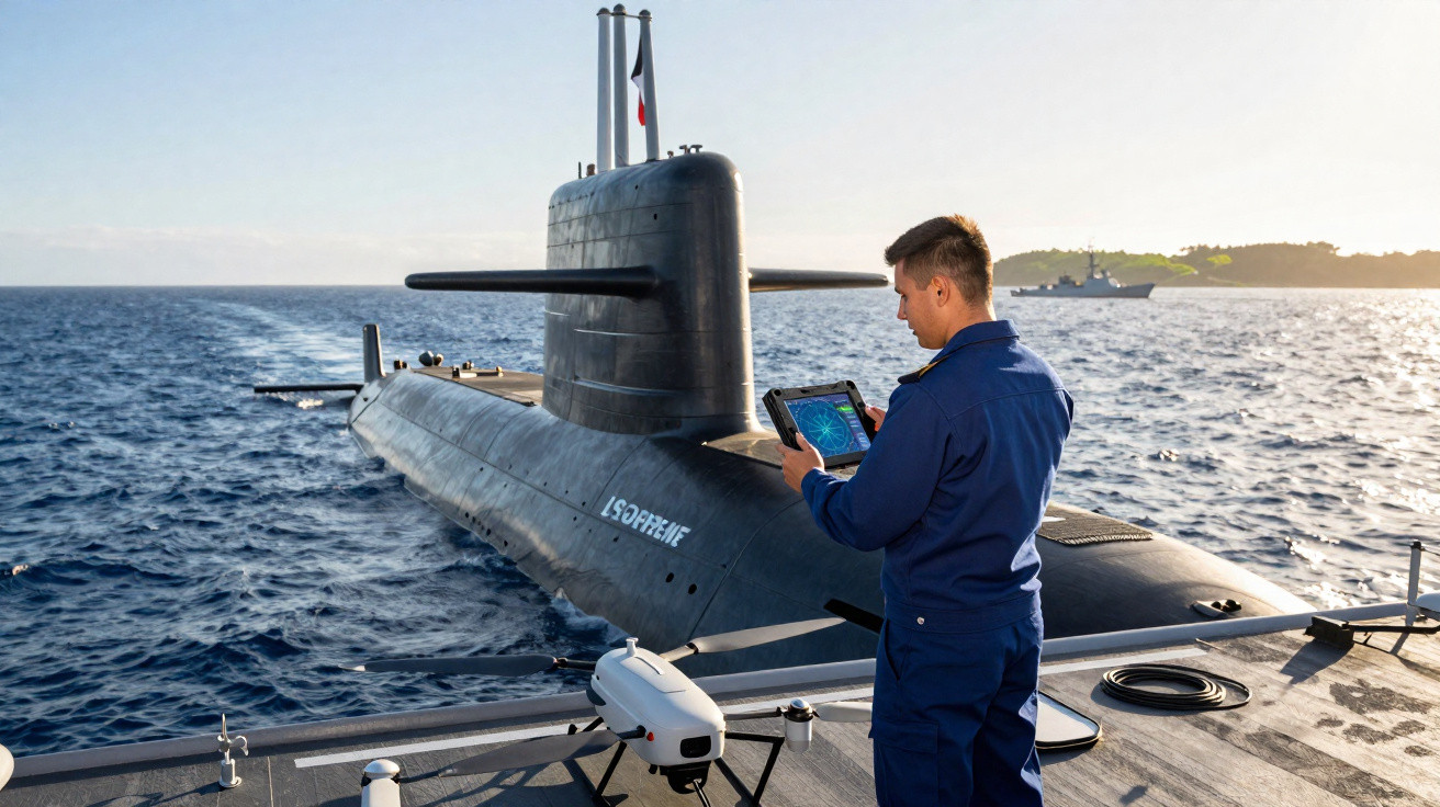 Militar em uniforme naval utiliza tablet perto de submarino à superfície no mar durante o dia.