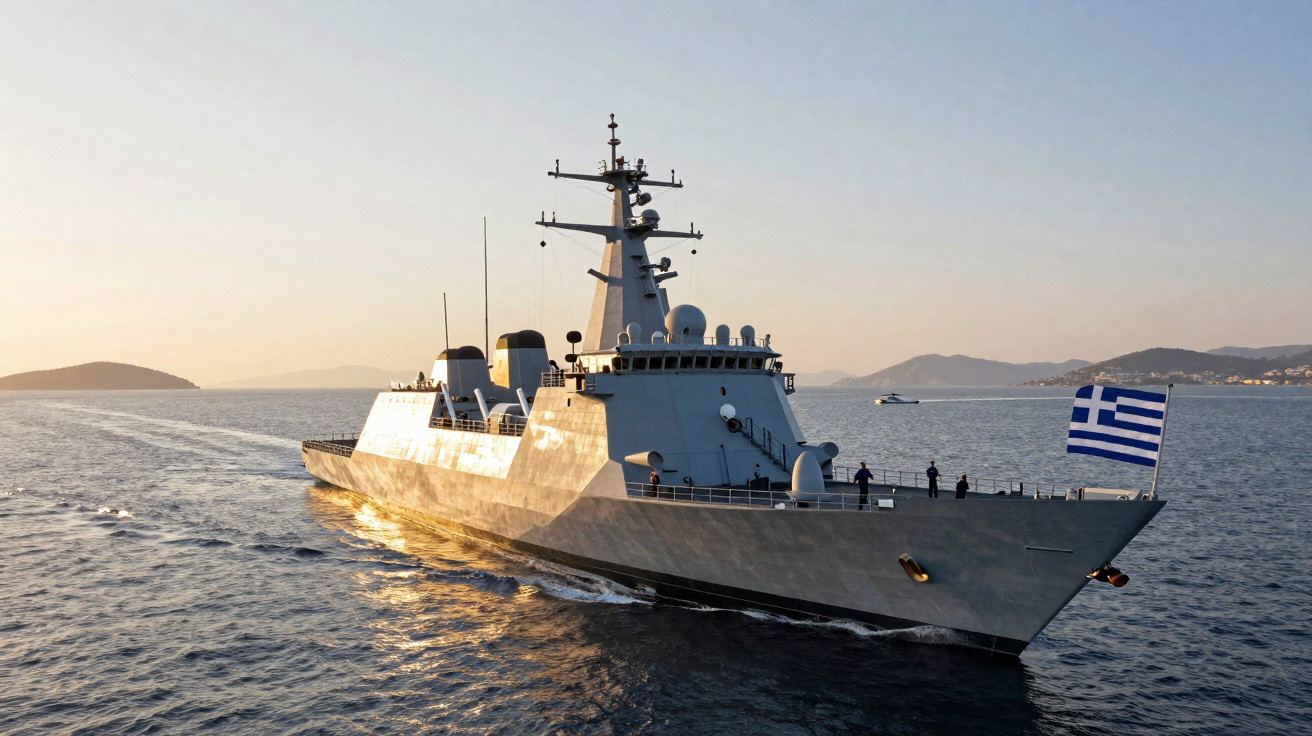 Navio de guerra grego a navegar no mar ao pôr do sol com a bandeira da Grécia visível na proa.