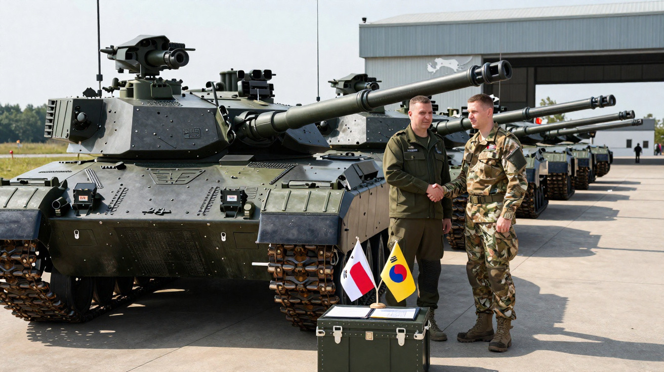 Dois soldados cumprimentam-se à frente de tanques militares alinhados e duas pequenas bandeiras em estojo fechado.