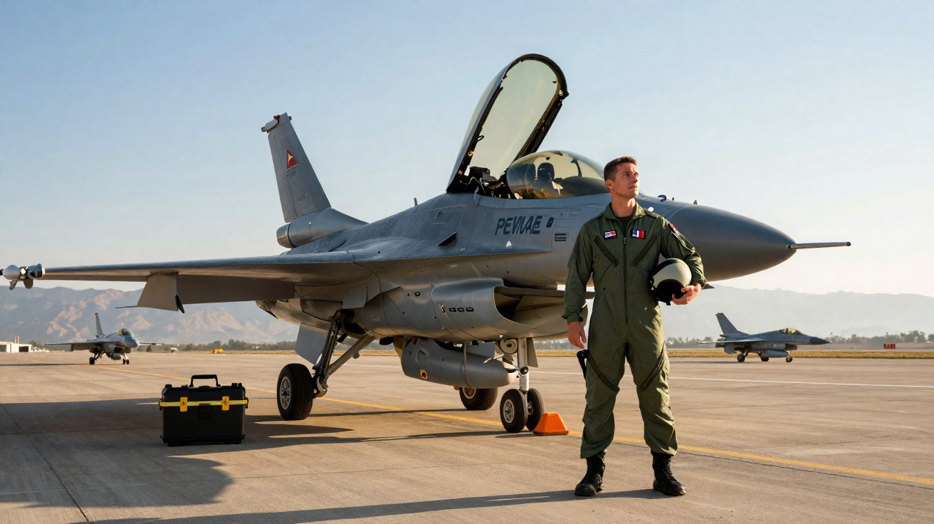Piloto militar em fato verde junto a caça F-16 estacionado em pista de aeroporto com montanhas ao fundo.