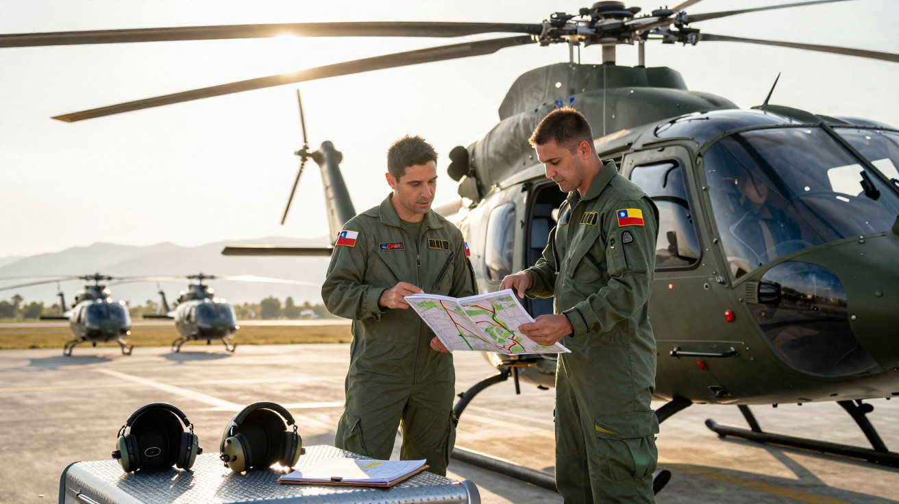 Dois militares em uniformes verdes consultam um mapa junto a um helicóptero num terreno de aviação com montanhas ao fundo.