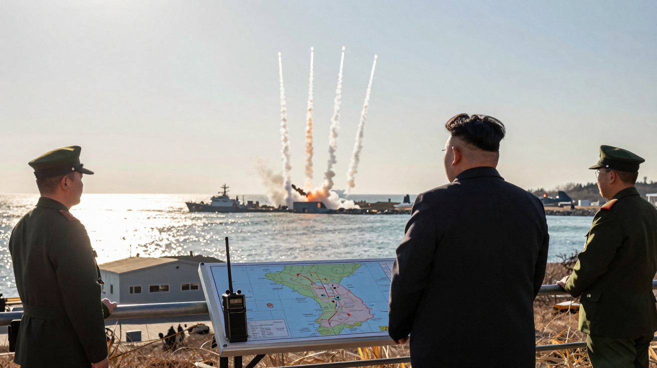Líder norte-coreano e militares observam lançamento de mísseis a partir de uma base naval.
