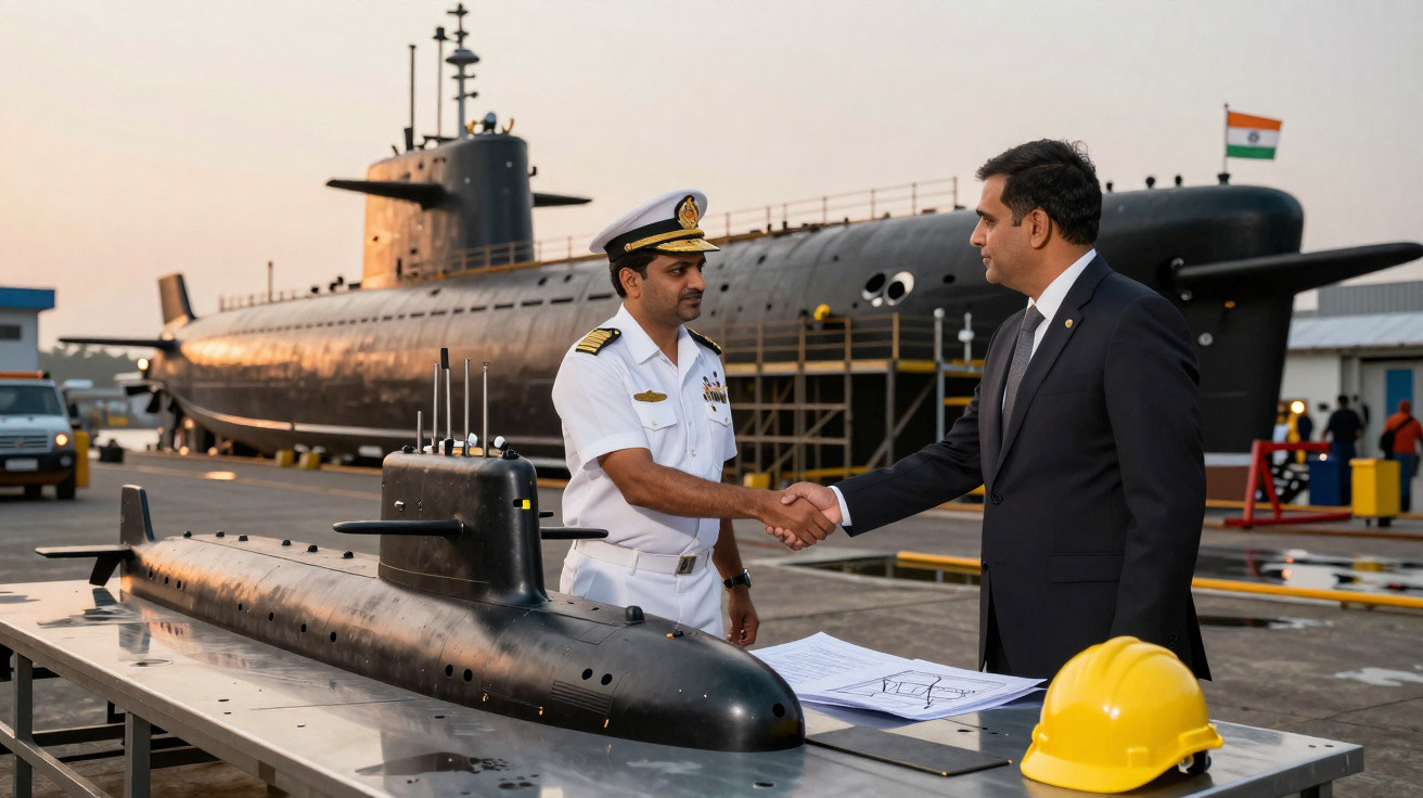 Oficial naval e homem de fato a cumprimentar-se junto a modelo de submarino e grande submarino no cais.