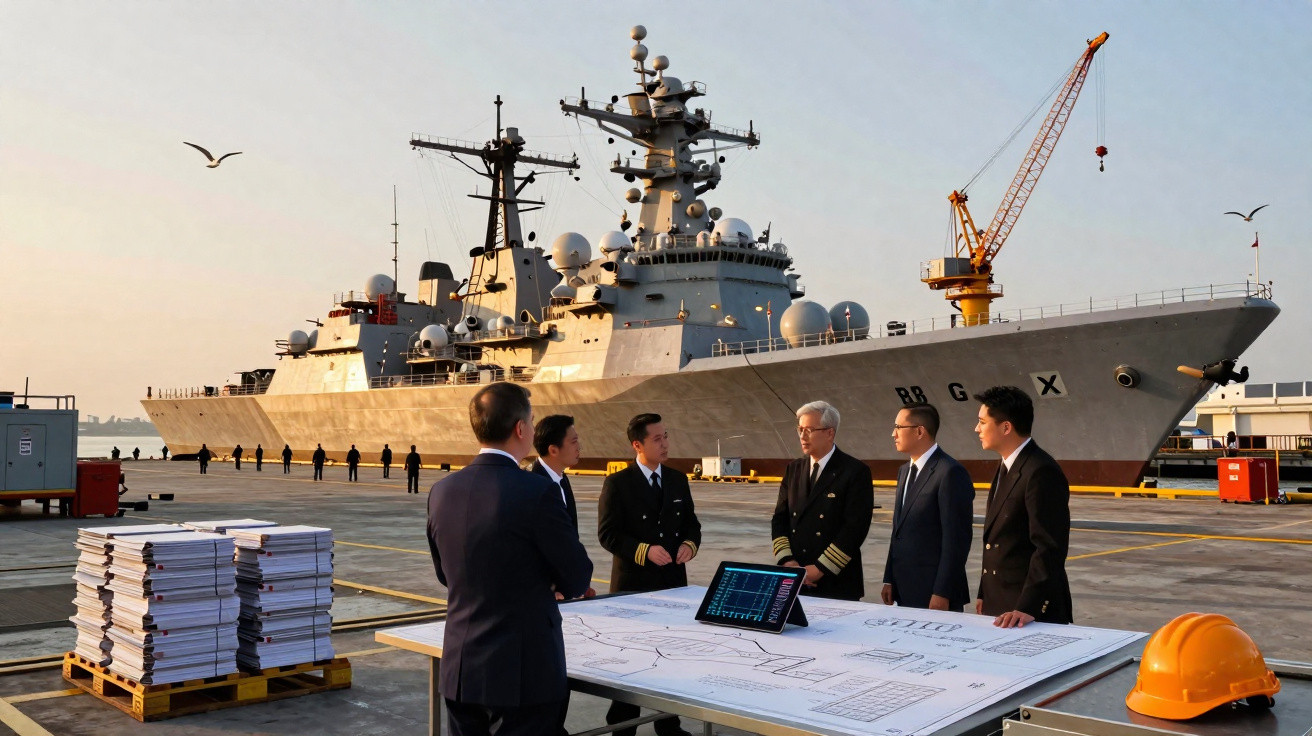 Cinco homens em reunião junto a planta de navio num cais, com navio militar e guindaste ao fundo ao pôr do sol.