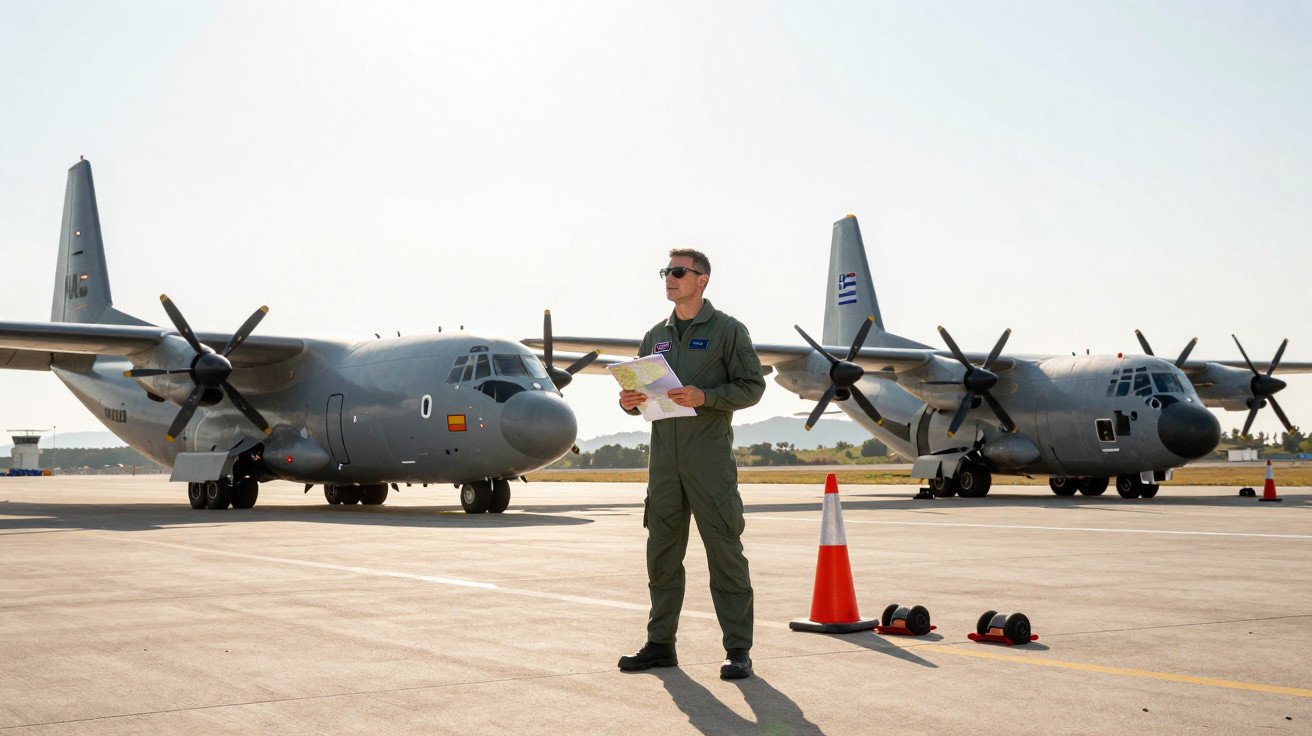 Piloto militar de uniforme verde com mapas nas mãos em pista junto a dois aviões de transporte cinzentos.