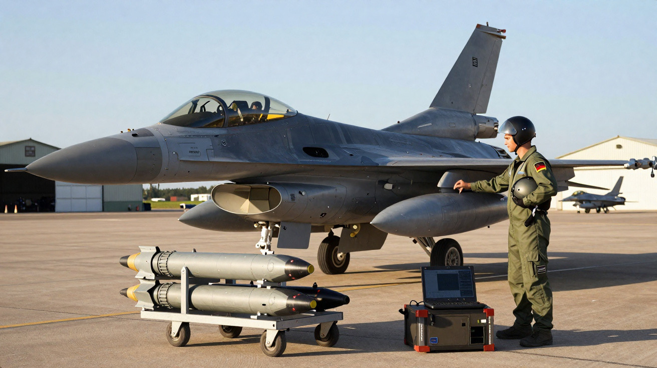 Piloto militar perto de caça F-16 e equipamento de munições numa pista de aeroporto.