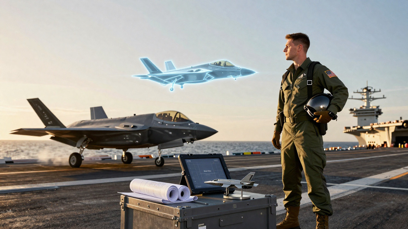 Piloto militar no convés de um porta-aviões com avião furtivo e holograma de jato em fundo marítimo.