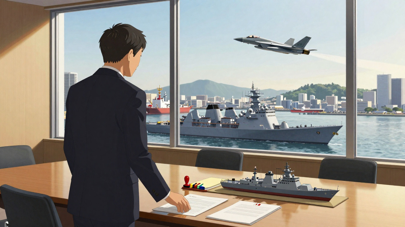 Homem de fato observa, numa sala com janela grande, um navio militar no porto e um avião de combate em voo.