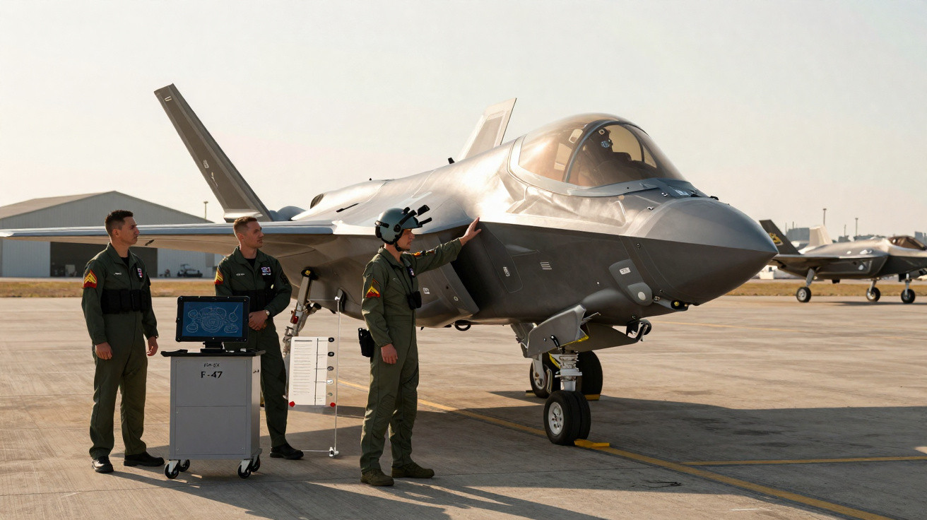 Três pilotos militares ao lado de um caça moderno F-47 estacionado numa pista de aeroporto.